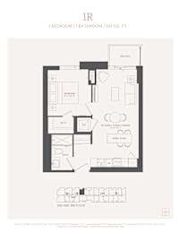 A black and white image of a floor plan for a 1 bedroom, 1 bathroom apartment.