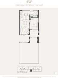 A floor plan for a 1 bedroom 1 bathroom apartment sized at 558 square feet.