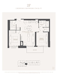 A black and white image of a 2 bedroom, 2 bathroom apartment that is 734 square feet.