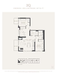 A black and white image of a floor plan for a 2 bedroom apartment.