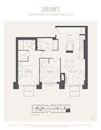 A floor plan for a 2 bedroom, 2 bathroom apartment sized 866 square feet.