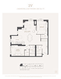 A black and white image of a 2V floor plan with two bedrooms and a bathroom.