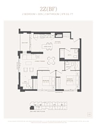 A black and white image of a floor plan for a 2 bedroom, 2 bathroom apartment.