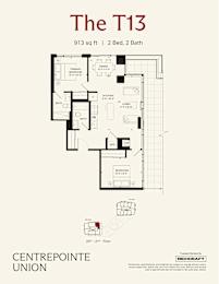 A floor plan for a 2 bedroom, 2 bathroom apartment sized at 913 square feet.