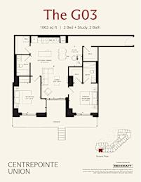 A floor plan for a 1063 square foot home with two bedrooms, a study, and two bathrooms.