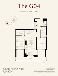 A floor plan for a 855 sq ft apartment with 2 beds and 2 baths.
