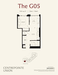 A floor plan for a 550 square foot apartment with one bed and one bath.