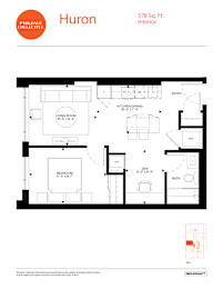 A floor plan for a Huron apartment shows a living room, a bedroom, a bathroom, a kitchen/dining area, and an entry.