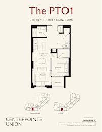 A floor plan for a 778 square foot apartment with one bed and two baths.