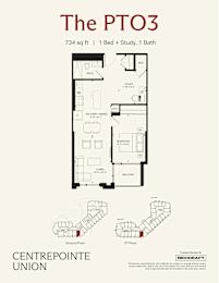 A floor plan for a 734 square foot home with one bed, one study, and one bath.