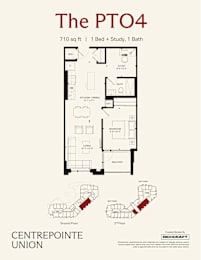 A floor plan for a 710 sq ft apartment with 1 bed and study and 1 bath.
