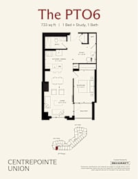 A floor plan for a 733 sq ft home with 1 bed, study, and 1 bath.