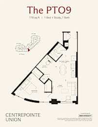 A floor plan for a property called The PTO9, which is 778 square feet, includes one bed, one study, and one bath.