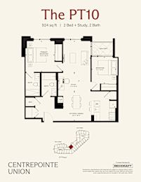 A floor plan for a property called The PT10, which is 924 square feet, has 2 bedrooms, 2 bathrooms, and a study.