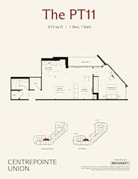 A floor plan for a property called The PT11, which is 815 square feet with 1 bed and 1 bath.