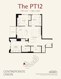 A floor plan for a 1087 square foot home with 3 bedrooms and 2 baths.