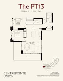 A floor plan for a 1069 sq ft apartment with 2 bedrooms and 2 bathrooms.