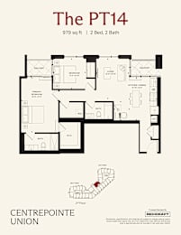 A floor plan for a property called The PT14, which is 979 square feet, has 2 bedrooms and 2 bathrooms.