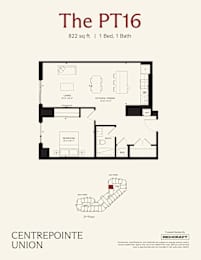 A floor plan for a 822 square foot apartment with one bed and one bath.