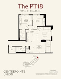A floor plan for a 2 Bedroom, 2 Bathroom apartment at The PT18.