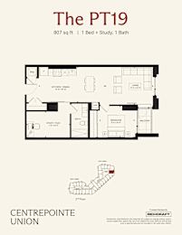 A floor plan for a property called The PT19 shows a 1 Bed + Study, 1 Bath layout.