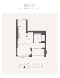A floor plan for a studio apartment with a bathroom and kitchen.