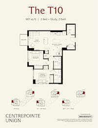 A floor plan for a 2 bedroom apartment with a study and 2 bathrooms.