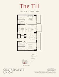 A floor plan for a 995 square foot apartment with two bedrooms, two bathrooms, and a living area.