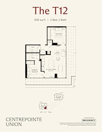 A floor plan for a 2 bedroom, 2 bath apartment sized at 830 square feet.
