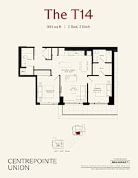 A floor plan for a 2 bedroom, 2 bath apartment.