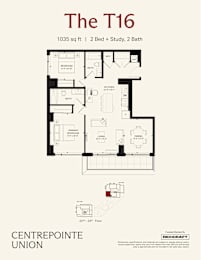 A floor plan for a 1035 square foot apartment with two bedrooms and two bathrooms.