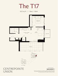 A floor plan for a 623 sq ft apartment with one bed and one bath.