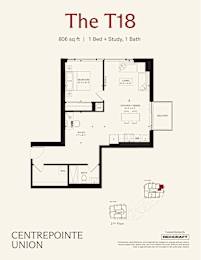 A floor plan for a 1 bedroom, 1 bathroom apartment.
