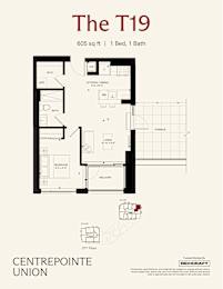 A floor plan for a 605 square foot apartment with one bed and one bath.