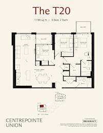 A floor plan for a 1199 sq ft apartment with 3 bedrooms and 2 bathrooms.