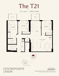 A floor plan for a 1211 sq ft apartment with 3 bedrooms and 2 bathrooms.