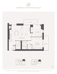 A black and white image of a floor plan for a 2 bedroom, 2 bathroom apartment.