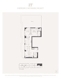 A floor plan for a 2 bedroom, 2 bathroom apartment sized at 916 square feet.