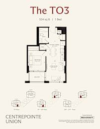 A floor plan for a 1 Bedroom apartment at Centrepointe Union.