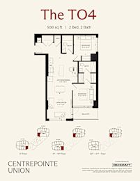 A floor plan for a 2 bedroom, 2 bath apartment sized at 938 square feet.