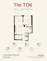 A floor plan for a 576 sq ft apartment with one bed and one bath.