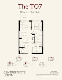 A floor plan for a 631 sq ft apartment with 1 bed and 1 bath.
