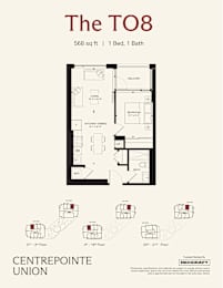 A floor plan for a 568 square foot home with one bedroom and one bath.