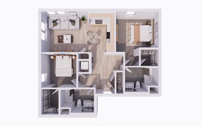A top-down view of a house layout with a kitchen, living room, and bedrooms.