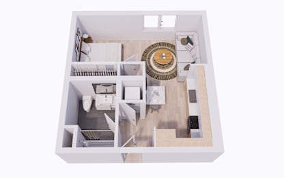 A top down view of a small apartment with a kitchen, living room and bathroom.