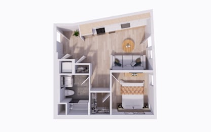 A dollhouse with a kitchen and living room.