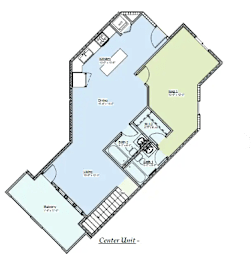 A floor plan of a building with a center unit and surrounding units.