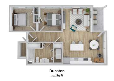 A floor plan of a 901 square foot Dunstan apartment.