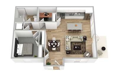 Spacious 1-Bedroom with Office—801 Sq. Ft. of Modern Living Featuring Granite Island Dining, Patio Access, and In-Unit Laundry