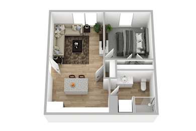 First-Floor 1-Bedroom—517 Sq. Ft. of Smart Design Featuring Granite Island Dining, Stainless Steel Appliances, Stand-Up Shower, and In-Unit Laundry